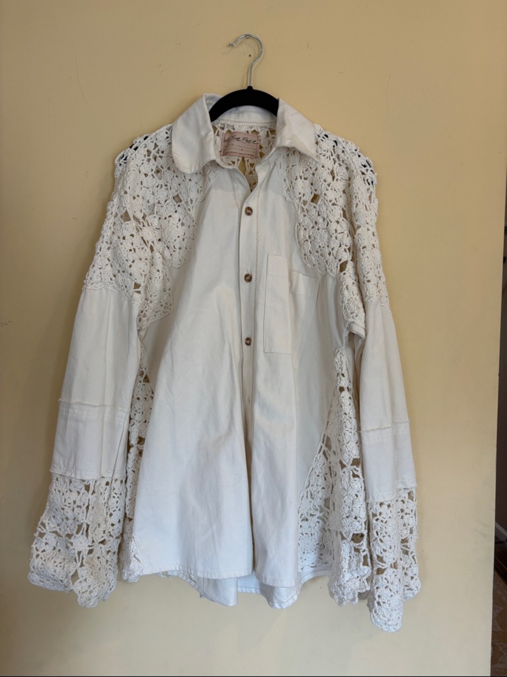 Free People Cream Crochet-Panel Jean Jacket